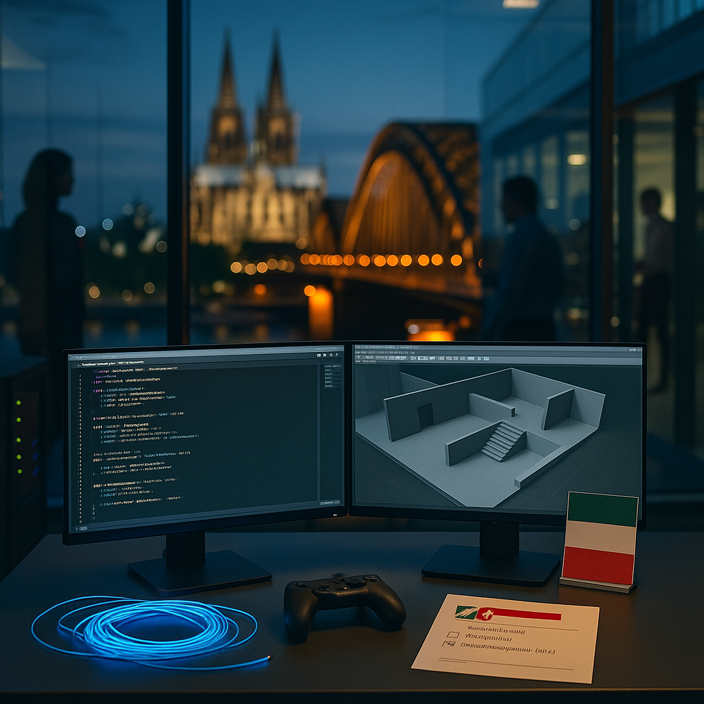 Photo of a Cologne tech office at blue hour overlooking the Cathedral, featuring a